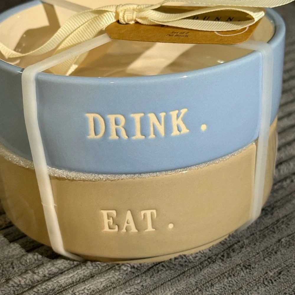 Rae Dunn Blue & Tan Pet DRINK / EAT Ceramic Bowls - Set of 2- NWT